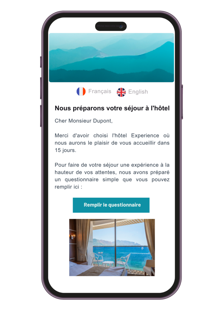 Exemple d'une communication pré-séjour envoyée à un futur voyageur d'hôtel