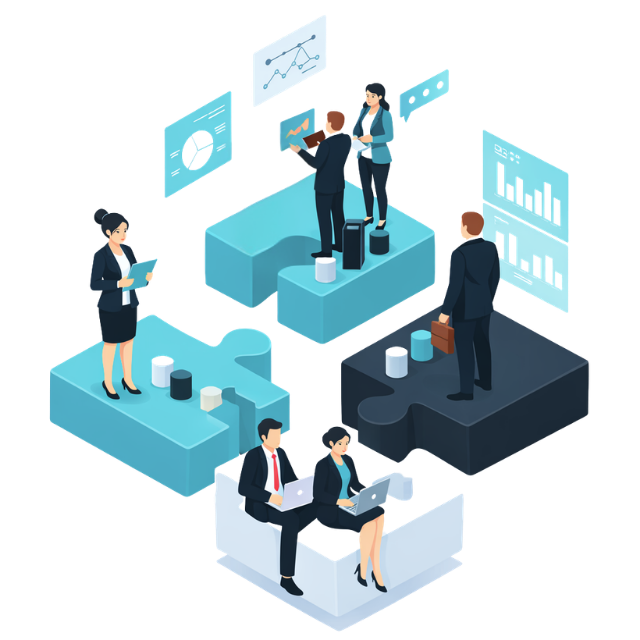 Illustration of a hotel group managers sharing KPIs and insights