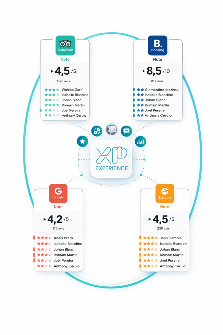 Illustration montrant la centralisation de l'ereputation d'un hotel par le CRM