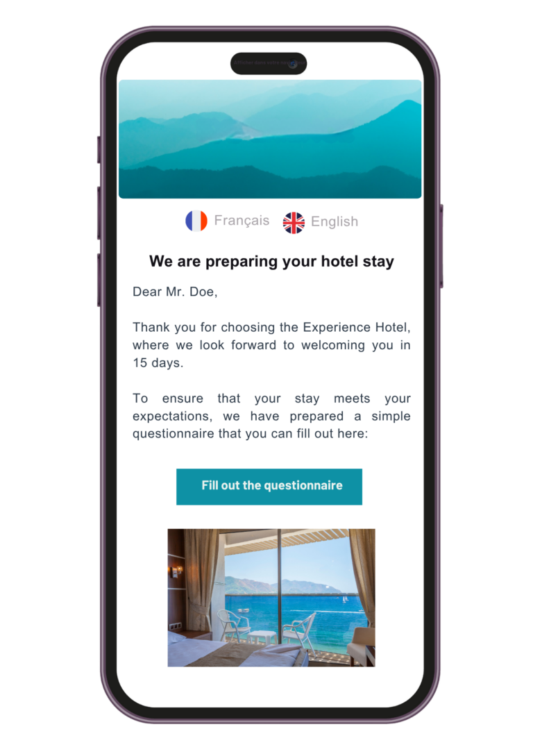 Pre stay message from a hotel received by a guest