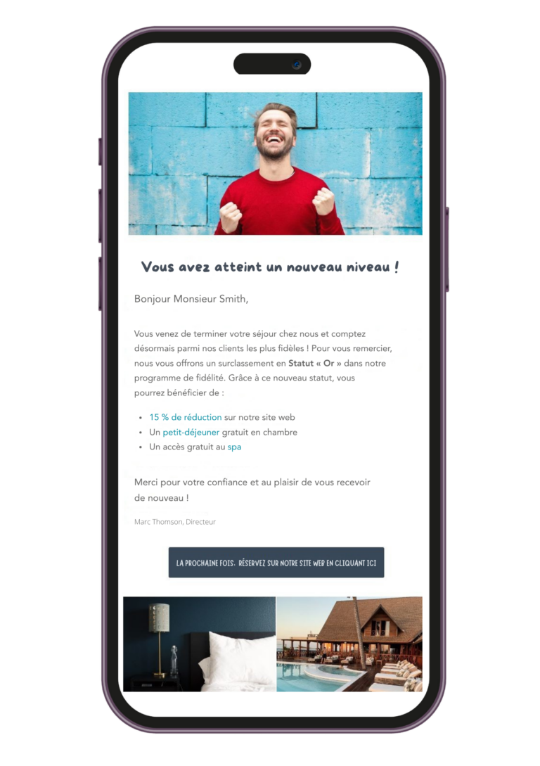 Message programme de fidélité reçu par un client d'hotel