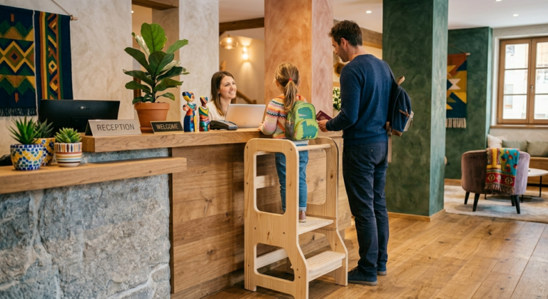 Une jeune fille fait son check-in avec son père dans un hôtel. Elle est installée dans un rehausseur afin de pouvoir assister aux formalités.