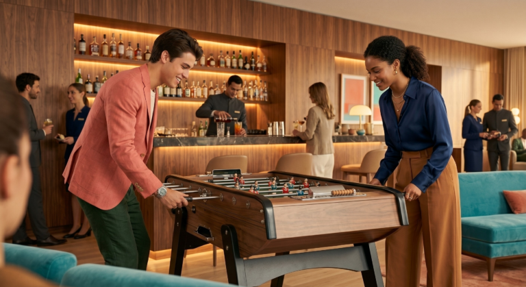 De jeunes clients de la génération Z s'amusant au baby foot dans le bar de leur hôtel type lifestyle